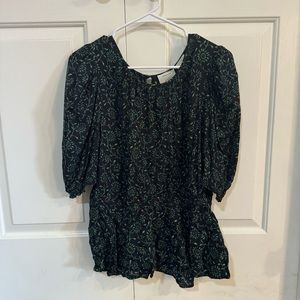 Meadow Rue By Anthropologie Dark Green Floral Blouse Size M